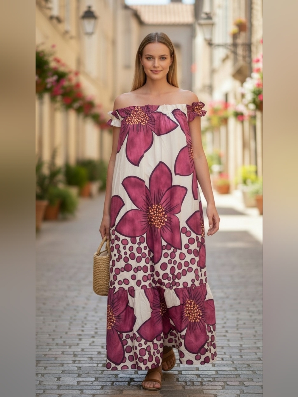 Off-Shoulder Floral Maxi Dress in Magenta